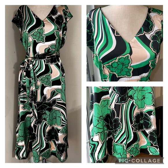 Anne Klein Dresses & Skirts - NWT Anne Klein Floral Green Black White Belted Midi Dress Women's Size 4 $139